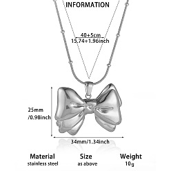 Stainless Steel Color 304 Stainless Steel Pendant Necklaces, Bowknot, Stainless Steel Color, 15.75 inch(40cm), pendant: 25x34mm