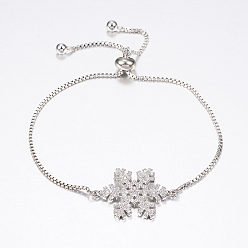 Platinum Adjustable Brass Micro Pave Cubic Zirconia Bolo Bracelets, Slider Bracelets, with Brass Box Chains, Snowflake, Platinum, 10-1/4 inch(260mm), 1.2mm