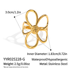 Настоящее золото 18K Регулируемые 304 открытые манжеты из нержавеющей стали для женщин, цветок, реальный 18 k позолоченный, 30 мм, размер США 8 1/4 (18.3 мм)