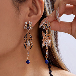 Spider Halloween Alloy Enamel & Rhinestone Stud Dangle Earrings, Asymmetrical Earrings, Golden, Spider, 75x20mm