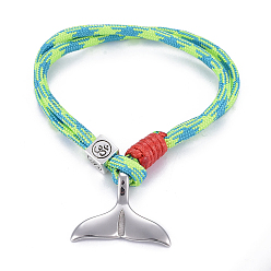 Green Yellow Mult-strand Bracelets, with Polyester & Spandex Cord Ropes , Alloy European Cube Beads, 304 Stainless Steel Pendants, Whale Tail Shape, Green Yellow, 7-5/8 inch(19.5cm)