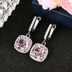 Pink 925 квадратные серьги-кольца из стерлингового серебра с кубическими цирконами, Реальная платина, розовые, 30x13.5 мм