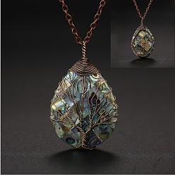 Красная Медь Двухсторонняя натуральная ракушка пауа медная проволока обернутая в каплевидную форму кулон дерево жизни, ожерелья из сплава для женщин, Красная медь, 17.72 дюйм (45 см)