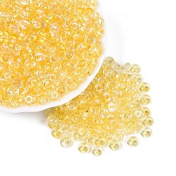 Or Perles de rocaille en verre de couleurs transparentes, rondelle, cuisson des peintures, or, 6x3mm, Trou: 1.2~1.6mm, environ 2500 pcs / livre