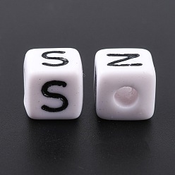 Letter Large Hole Acrylic European Beads, Horizontal Hole, White & Black, Cube with Letter, Random Mixed Letters, 10x10x10mm, Hole: 4mm, about 564pcs/500g