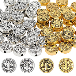 Mixed Color 60Pcs 2 Colors Tibetan Style Alloy Beads, Flat Round with Saint & Cross, Mixed Color, 9.5x3mm, 30pcs/color