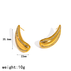 Teardrop 304 Stainless Steel & Crystal Rhinestone Stud Earrings for Women, Golden, Teardrop, 35.6x22mm