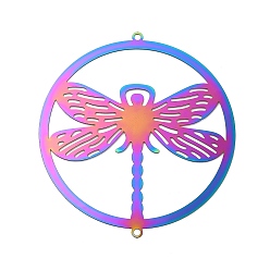Rainbow Color 201 Stainless Steel Connector Charms, Flat Round with Dragonfly Links, Rainbow Color, 60x55x0.2mm, Hole: 1.8mm