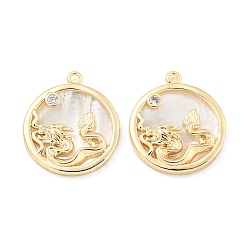 Настоящее золото 18K Латунные микропаве прозрачные подвески с фианитом, с белой скорлупой, плоский круглый с подвесками в виде дракона, реальный 18 k позолоченный, 20x17.5x3 мм, отверстие : 1.4 мм