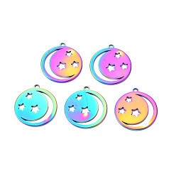Rainbow Color Ion Plating(IP) 201 Stainless Steel Pendants, Flat Round with Star & Moon, Rainbow Color, 25.5x23x1.5mm, Hole: 1.8mm