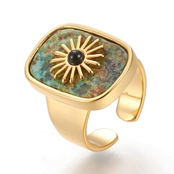 Африканский Нефрит Кольца-манжеты из натурального африканского нефрита и черного агата, открытые кольца, долговечный, прямоугольник с солнцем, реальный 18 k позолоченный, Размер 7, внутренний диаметр: 17 мм