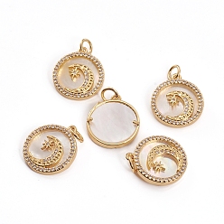 Золотой Латунные микропаве прозрачные подвески с фианитом, с оболочкой и кольцами для прыжков, плоские круглые с Луны и звезды, золотые, 17.5x15.5x2.5 мм, отверстие : 3.5 мм