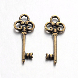 Antique Bronze Tibetan Style Alloy Pendants, Skeleton Key, Cadmium Free & Nickel Free & Lead Free, Antique Bronze, 21x8x2mm, Hole: 2mm