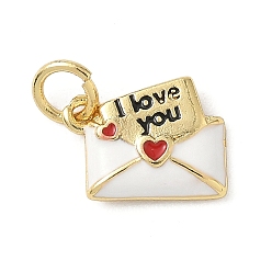 Белый Латунь эмаль прелести, прелести любовного письма, с целью перехода в кольце, стойки покрытие, долговечный, без свинца и без кадмия, реальный 18 k позолоченный, белые, 8.5x11.5x2.5 мм, отверстие : 3.3 мм