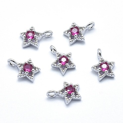 Платинированный Латунь прелести, с кубического циркония, без кадмия, без никеля и без свинца, звезда, фуксиново-красные, Реальная платина, 11x7.5x4 мм, отверстие : 2 мм