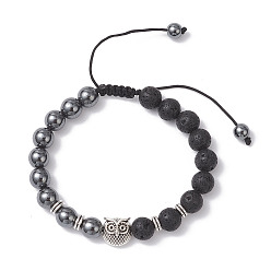 Сова Браслеты из плетеных бусин из немагнитного синтетического гематита и натуральной лавы, Бисерные украшения из сплава в тибетском стиле для унисекс, сова, бусина : 8~9 mm, внутренний диаметр: 2~3-1/4 дюйм (5~8.1 см), Сова: 11x11x7.5 мм