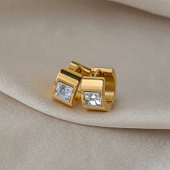 Золотой 304 Массивные серьги-кольца из нержавеющей стали с прозрачными кубическими циркониями для женщин, квадратный, золотые, 13x14.5x7 мм