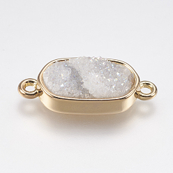 (966) Внутренний цвет Кристалл / Лиловато-лиловый на подкладке Гальванические соединители из натурального агата друзы, с фурнитурой латунной золотого тона, овальные, с покрытием цвета радуги, 10x24x6 мм, отверстие : 1 мм