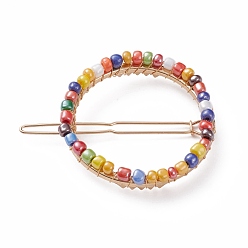Colorful Alloy Hollow Hair Barrettes, Ponytail Holder Statement, with Glass Seed Beads, Colorful, 61x48x8mm
