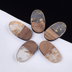 Gold Resin & Walnut Wood Pendants, with Gold Foil, Oval, Gold, 27.5x15x3.5~4.5mm, Hole: 1.8mm