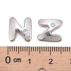 Letter N Letter Slider Beads for Watch Band Bracelet Making, Platinum Plated Alloy Crystal Rhinestone Slide Charms, Cadmium Free & Nickel Free & Lead Free, Letter.N, 11~13x9~11.5x4~5mm, Hole: 7.5~8x1mm