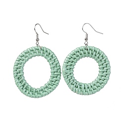 Medium Sea Green Dangle Earrings, with Handmade Reed Cane/Rattan Woven Beads and Brass Hook, Ring, Medium Sea Green, 63.5~67mm, Pendant: 43~47x41.5~47.5x4.5~5mm, Pin: 0.6mm