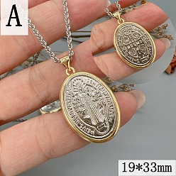 Oval Латунные ожерелья с подвесками в виде медалей, платиной и золотом, Овальный со святым бенедиктом, 23.62 дюйм (60 см), Кулон : 33x19 мм