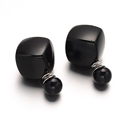 Черный Двухсторонняя акриловая куб и круглые шпильки уха, с платиновым стальным штифтом, чёрные, 28~29x14.5x15.5 мм, мяч: 8 мм, Pin: 0.6 мм