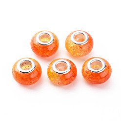 Оранжевый Европейские бусины из двухцветной смолы с треском, бусины с большим отверстием, с двойных ядер серебрянного цвета, рондель, оранжевые, 14x9.5 мм, отверстие : 5 мм