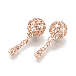Rose Gold Alloy European Dangle Charms, Large Hole Pendants, Hollow, Round with Tassel, Rose Gold, 30.5mm, Hole: 5mm, 15x3.5mm