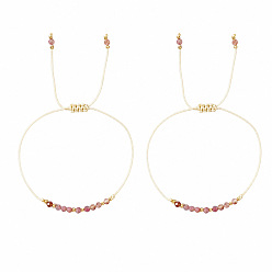 Rhodonite Summer Adjustable Natural Rhodonite Faceted Round Braided Bead Bracelets for Women, Adjustable Stackable Bracelets with Brass Beads, Golden, 11.02 inch(28cm), 2pcs/set