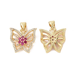 Deep Pink Brass Micro Pave Cubic Zirconia Pendants, Real 18K Gold Plated, Hollow Butterfly with Flower Charm, Deep Pink, 18.5x18x4mm, Hole: 3.5x4.5mm