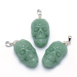 Green Aventurine Natural Green Aventurine Pendants, with Brass Findings, Skull, Platinum, 33x20x11~13.5mm, Hole: 4x5mm