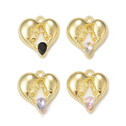 Mixed Color Rack Plating Alloy Glass Pendants, Golden, Heart Charms, Mixed Color, 19x18x4mm, Hole: 1.8mm