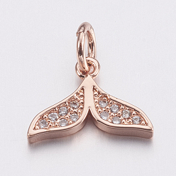 Розовое Золото Латунные микро проложить кубического циркония прелести, форма китового хвоста, прозрачные, розовое золото , 9x12.5x2 мм, отверстие : 3 мм