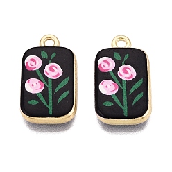 Black Printed Alloy Pendants, Rack Plating, Rectangle & Flower Charms, Cadmium Free & Nickel Free & Lead Free, Golden, Black, 21x12x3.5mm, Hole: 1.8mm