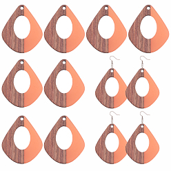 DarkSalmon Resin & Wood Pendants, Teardrop, Dark Salmon, 32.5x27.5x2.5~4mm, Hole: 1.5mm, 12pcs/box