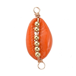 Orange Spray Paint Cowrie Shell Links, with Golden Plated Copper Wire and Brass Beads, Orange, 29~32x13~14x7~9mm, Hole: 2.3~3mm