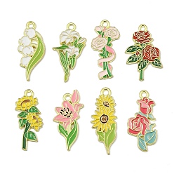 (52) Непрозрачная лаванда Подвески из эмали и сплава, цветок, золотые, разноцветные, 30~32x15~19x1.5 мм, отверстие : 2 мм