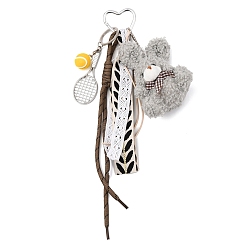 Серый Подвеска в виде теннисной ракетки из полиэфирной веревки и сплава и плюшевого кролика, с алюминиевыми застежками-сердечками для ключей, серые, 330 мм