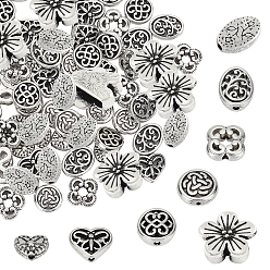 Antique Silver 80Pcs 8 Styles Alloy Beads & Charms, Flower & Heart & Flat Round & Oval, Antique Silver, 10pcs/style