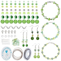 Hellgrün 865 DIY-Glasschmuck-Sets, inklusive runder Perlen, Edelstein-Chip-Perlen, Legierung Karabinerverschlüsse, Messing-Ohrhaken & Perlenspitzen & Crimpperlen, hellgrün, hellgrün, 4 mm, Bohrung: 1.1 mm