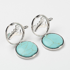 Synthetic Turquoise Synthetic Turquoise Pendants, with Brass Diffuser Locket Finding, Flat Round with Christmas Reindeer/Stag, 31x26x8mm, Hole: 4mm