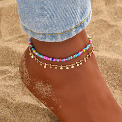 Разноцветный Двухслойные эластичные браслеты на ногу из богемского стекла с бисером, браслеты на ногу с кисточками из сплава, золотые, красочный, внутренний диаметр: 2-1/2 дюйм (65 мм)