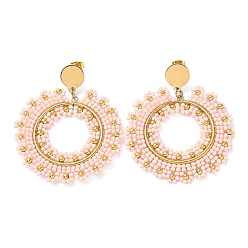 Misty Rose Woven Glass & Brass Beaded Donut Dangle Stud Earrings, with PVD Vacuum Plating 304 Stainless Steel Pins, Misty Rose, 60x49mm