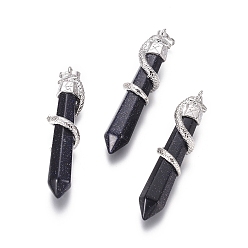 Синий Драгоценный Камень Синтетический синий голдстоуновские большие кулоны, с латунной фурнитурой , змея с бриллиантом, Платиновый металл, 60x12 мм, отверстие : 5x7 мм