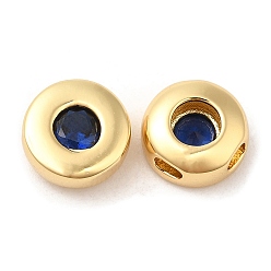Marine Blue Brass Micro Pave Cubic Zirconia Beads, Flat Round, Real 18K Gold Plated, Marine Blue, 8x4mm, Hole: 1.5mm