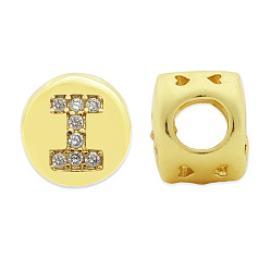 Letter I Brass Micro Pave Clear Cubic Zirconia Beads, Flat Round with Letter, Letter.I, 7.5x6.5mm, Hole: 3.5mm, 3pcs/bag