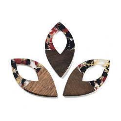 Темно-Красный Подвески из орехового дерева, смола и золотая фольга, овальные, темно-красный, 47.5x24x3.5 мм, отверстие : 2 мм