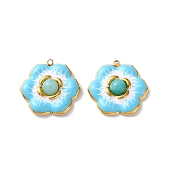 Средний Бирюзовый Крашеные натуральный белый нефрит подвески, 304 подвески-цветы из нержавеющей стали с эмалью, реальный 18 k позолоченный, вакуумное покрытие pvd, средне бирюзовый, 22x22.5x5 мм, отверстие : 1.4 мм